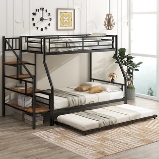 Modern Twin over Full Metal Bunk Bed with Trundle & Staircase, Black