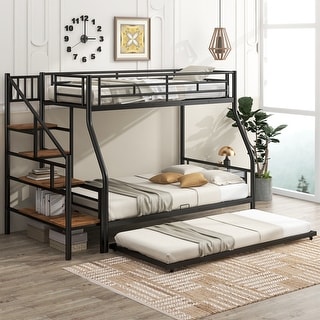 Twin over Full Size Metal Bunk Bed with Trundle and Storage Staircase