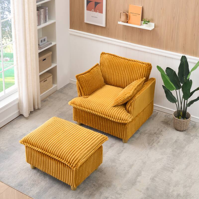 Single Sofa with Ottoman, Comfy Corduroy Upholstered Armchair, Lounge Chair with Throw Pillows for Living Room, Balcony