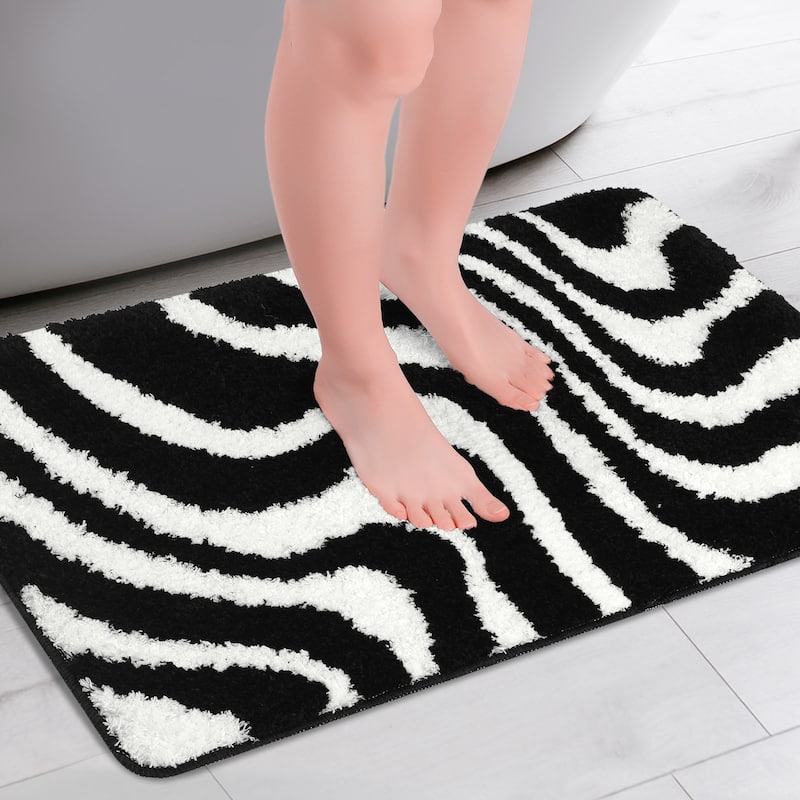 Fashion Wave Pattern Bathroom Rug Mat, Soft Absorbent Bath Carpet, Non-Slip, Shaggy, Machine Wash - Black