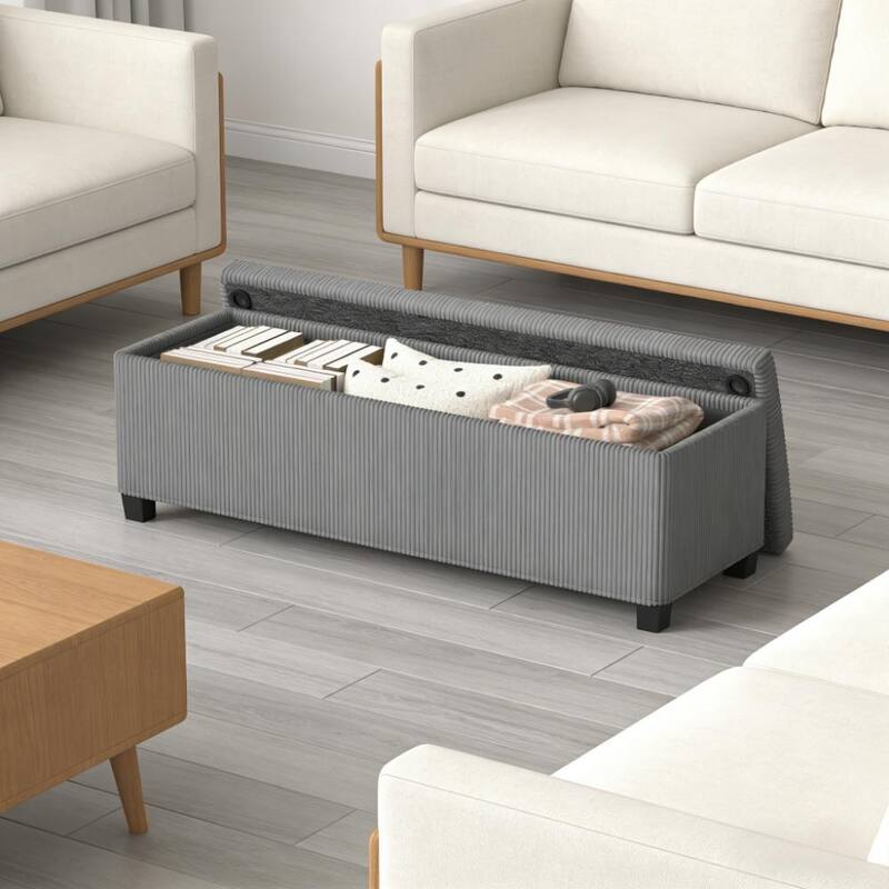 Storage Bench Corduroy Upholstered Hidden Compartment Steel Frame for Bedroom Living Room - Gray