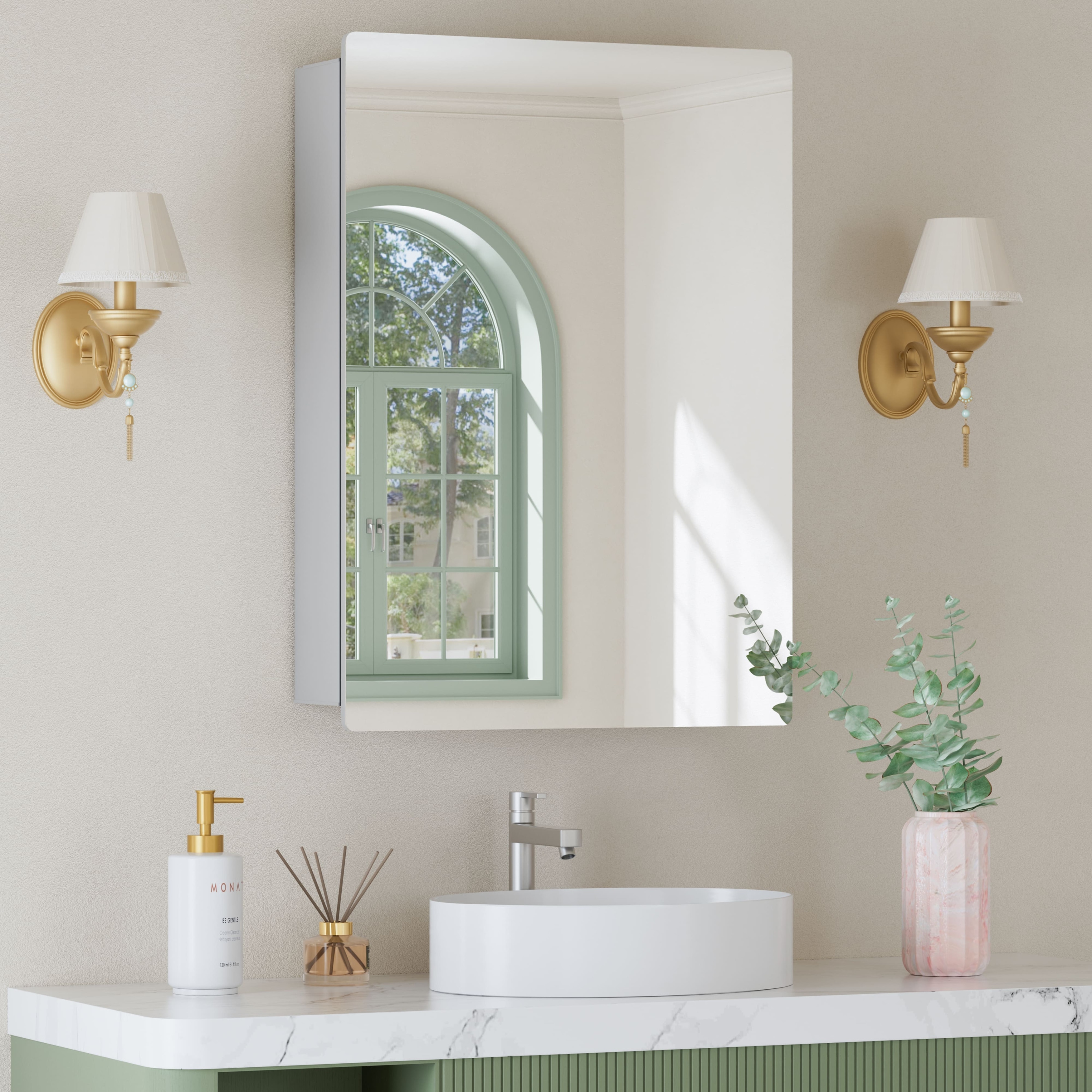 Mira Rectangular Frameless Medicine Cabinet with Mirror, Sliding Adjustable Glass Shelves, Reversible Door