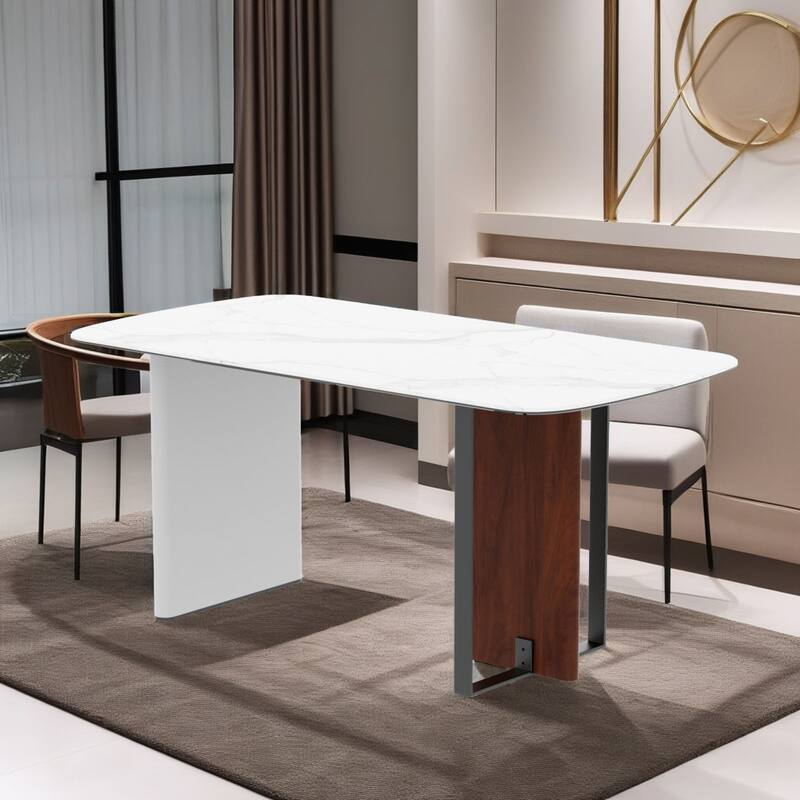 Rectangular White Dining Table with Sintered Stone Glass Top - 64" W x 34" D x 30" H