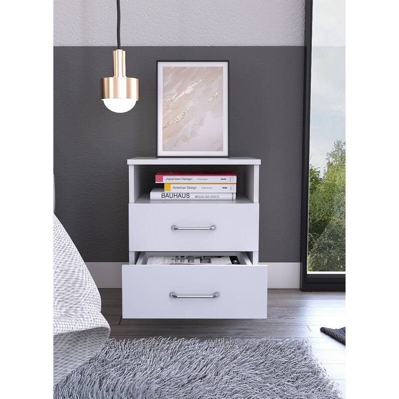 White 2-Drawer 1-Shelf Rectangle Nightstand
