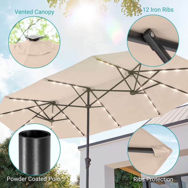 BONOSUKI 13 x 7.2ft Solar-Powered LED Double-Sided Patio Umbrella with Large Canopy Outdoor Table Umbrella for Garden, Navy Blue