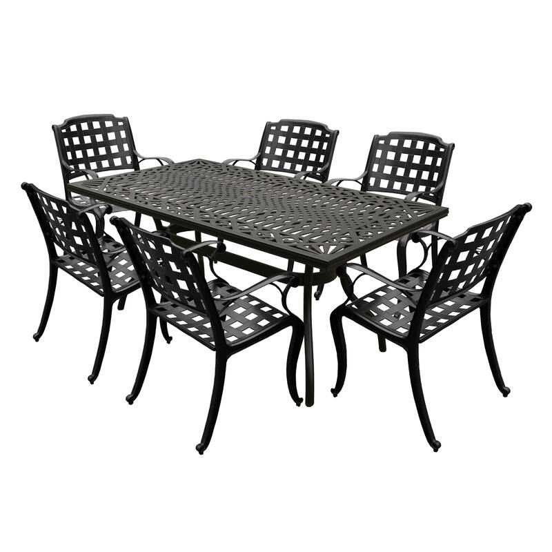 Modern Ornate Outdoor Mesh Aluminum 68-in Rectangular Patio Dining Set with Six Chairs - Black