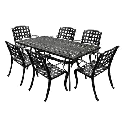Modern Ornate Outdoor Mesh Aluminum 68-in Rectangular Patio Dining Set with Six Chairs