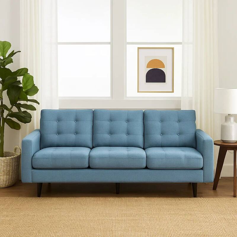 Apex Sofa, 3 Seater, 83 Inch, Button Tufted, Light Blue Fabric, Black