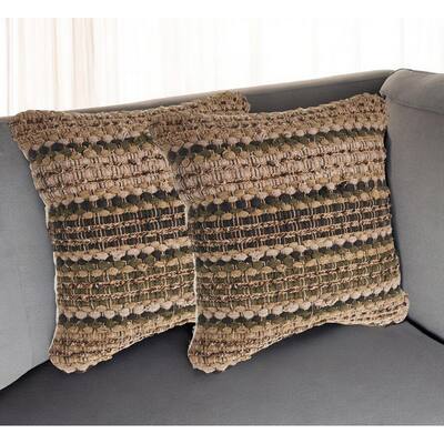 HomeRoots Set of Two 18" Brown and Dark Green Striped Cotton Blend Throw Pillows with Texture
