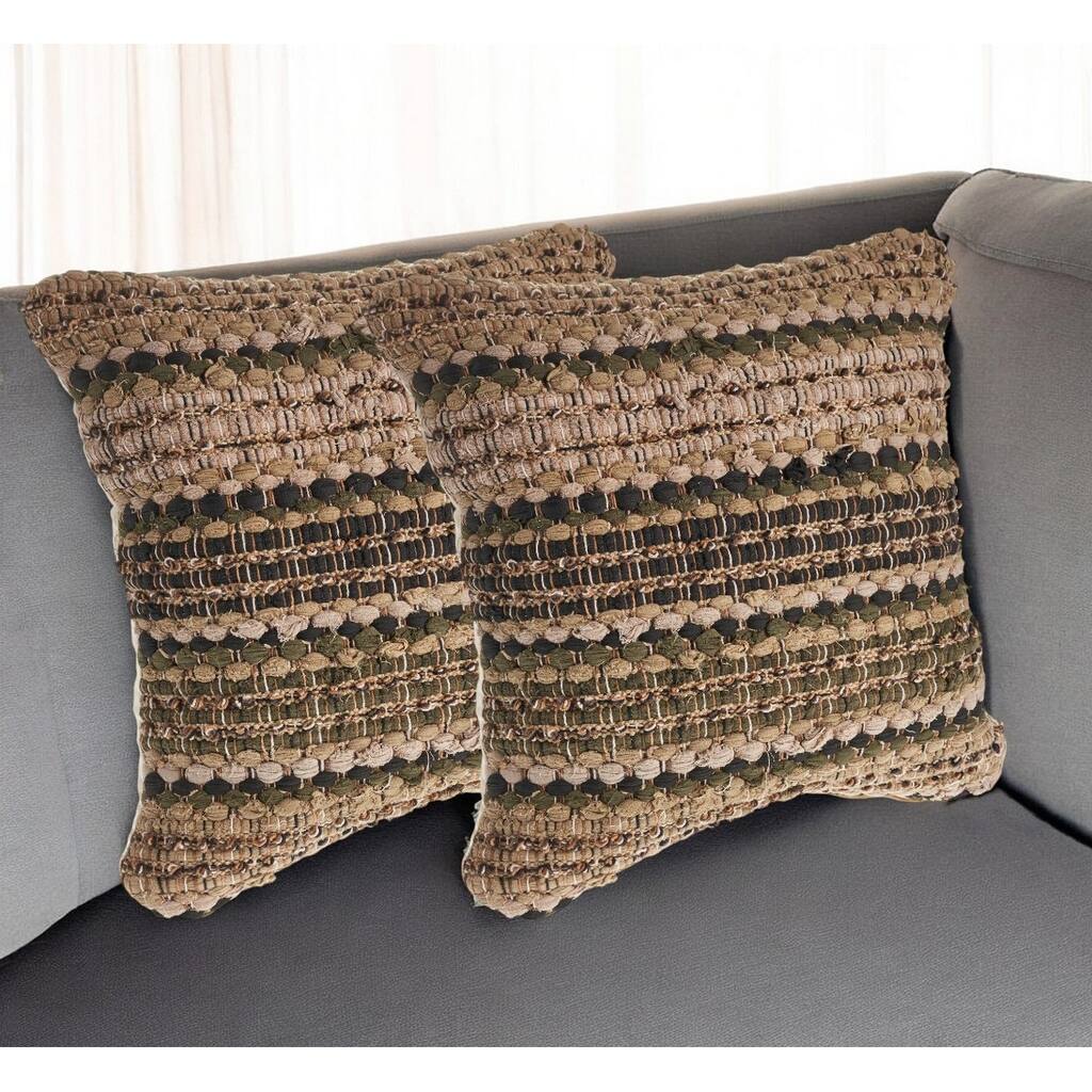 HomeRoots Set of Two 18" Brown and Dark Green Striped Cotton Blend Throw Pillows with Texture