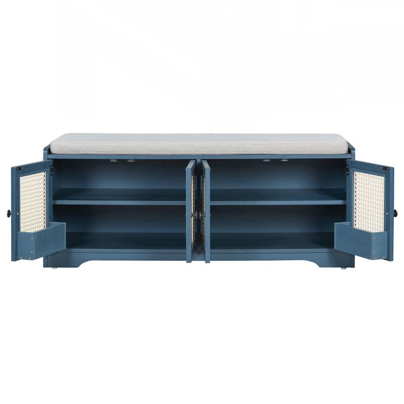 Rustic Storage Bench Multifunctional Wood Entryway Shoe Bench with Removable Cushion, Woven Rattan Doors & Adjustable Shelves