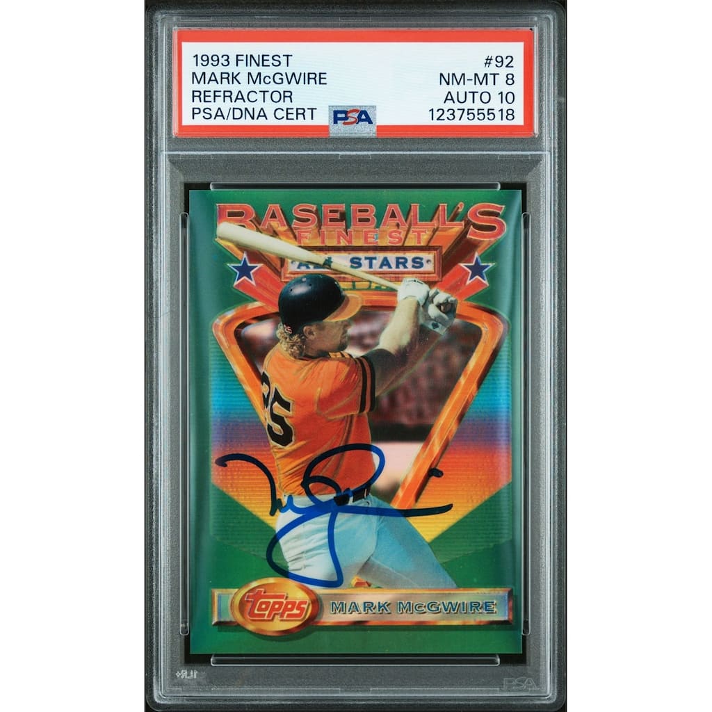 Mark McGwire 1993 Finest Refractor Signed Baseball Card #92 Graded PSA 8 Auto 10 Cert # 123755518 - 8' x 11'