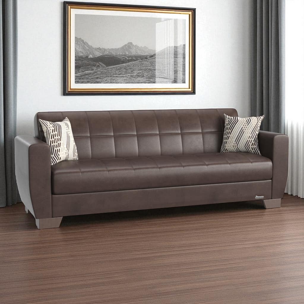 HomeRoots 84" Brown Faux Leather Convertible Futon Sleeper Sofa And Toss Pillows With Storage