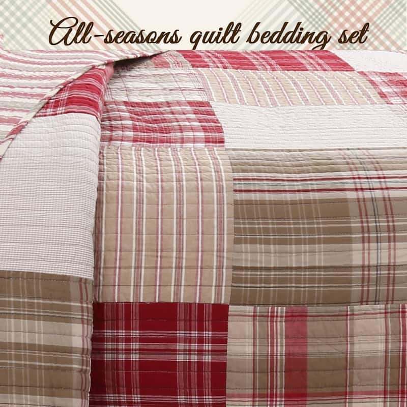 Cozy Line Alivia Red Plaid Real Patchwork Cotton Reversible Quilt Bedding Set