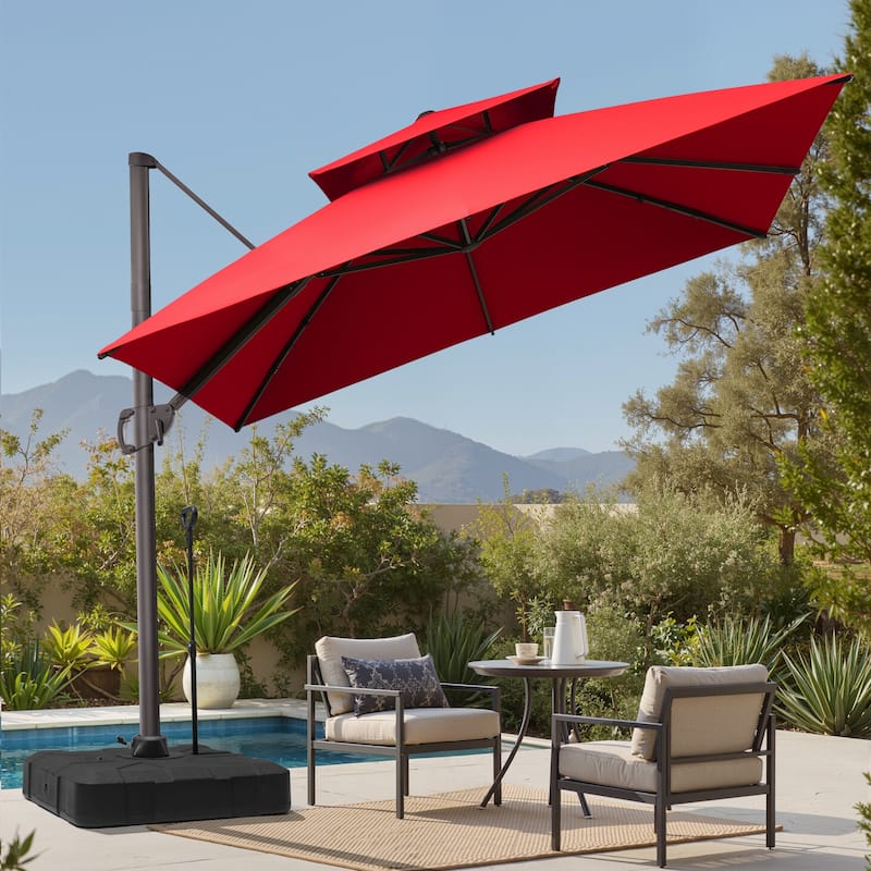 Outdoor 10 x 10ft Square Double Top Patio Cantilever Umbrella with Base - Red