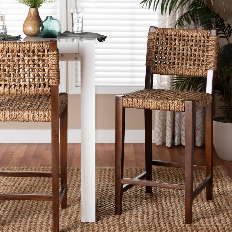 Alise Handwoven Seagrass Bar Stool with Mahogany Wood Frame - Bar-Height Chair for Kitchen or Home Bar, Earthy Brown