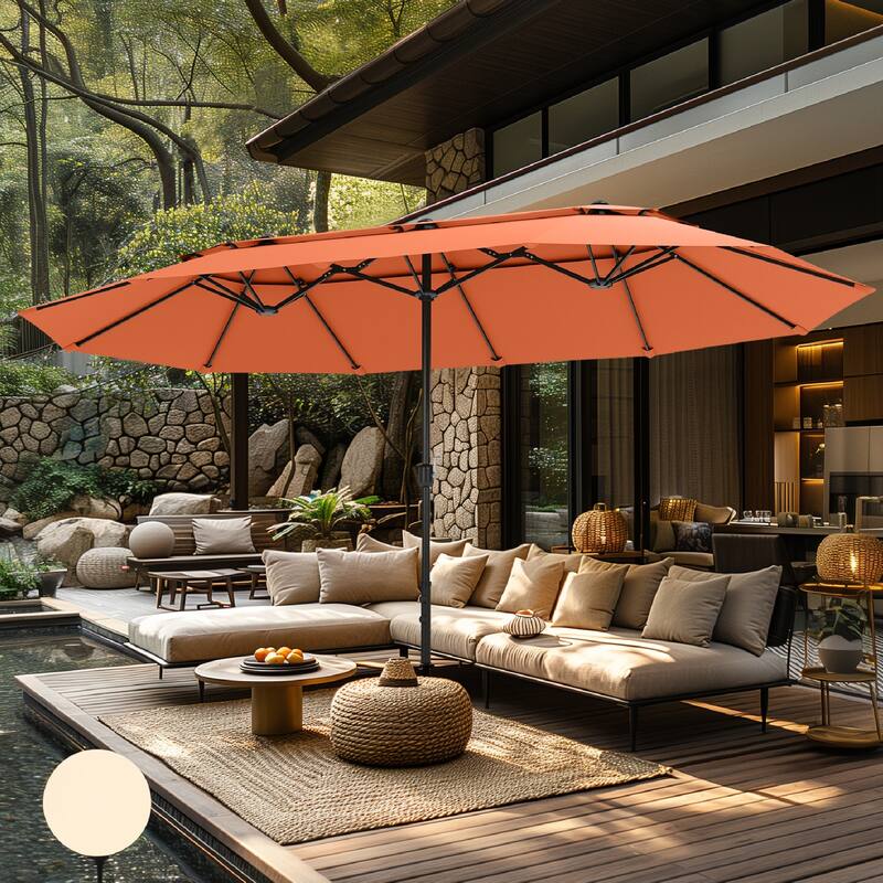 MAISON ARTS 15ft 2-Tier Large Patio Umbrella with Solar Lights, Double-Sided Outdoor Market Umbrellas with Base Included - OrangeRed-NoLights