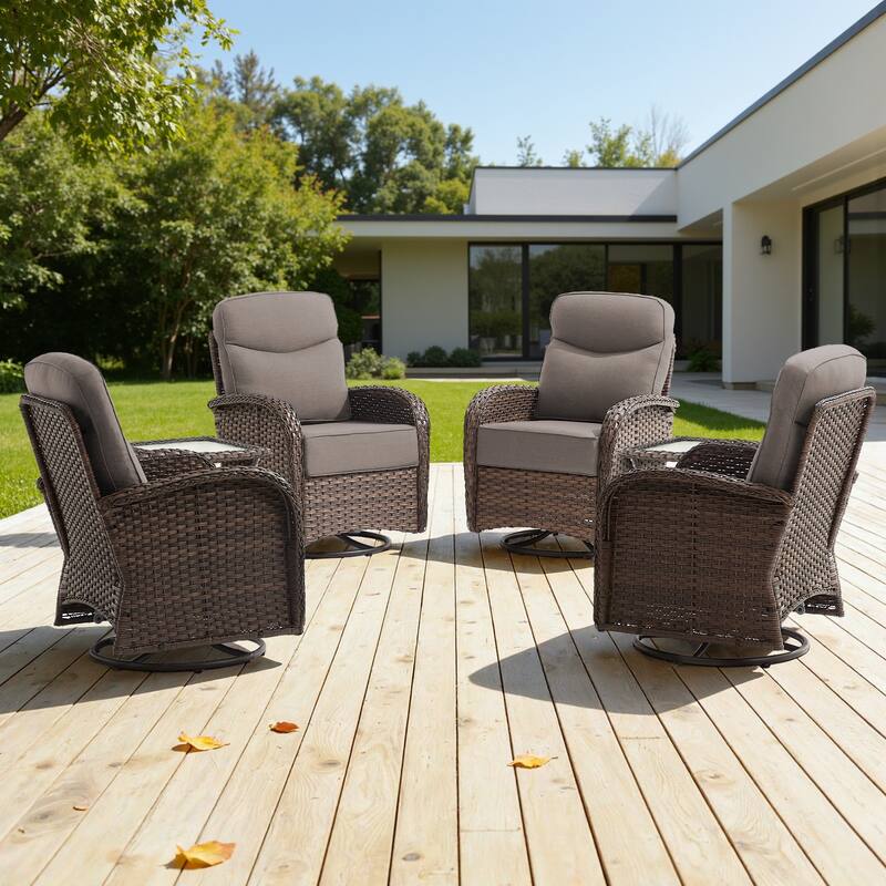 Meyreso 6-Piece Wicker Patio Swivel Glider Chairs with 6-Inch Thick Cushions and Side Table - Brown Wicker - Gray Cushions