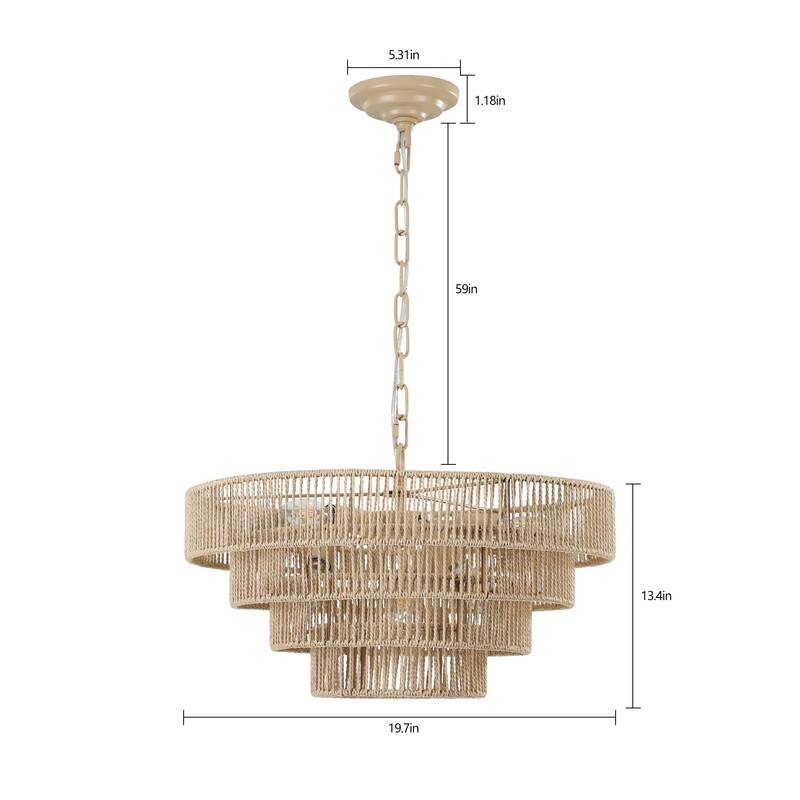 Modern Layered Hemp Rope Chandelier in Boho Style, Elegant Hanging Light for Living, Dining & Bedroom Areas (Bulbs Not Included)