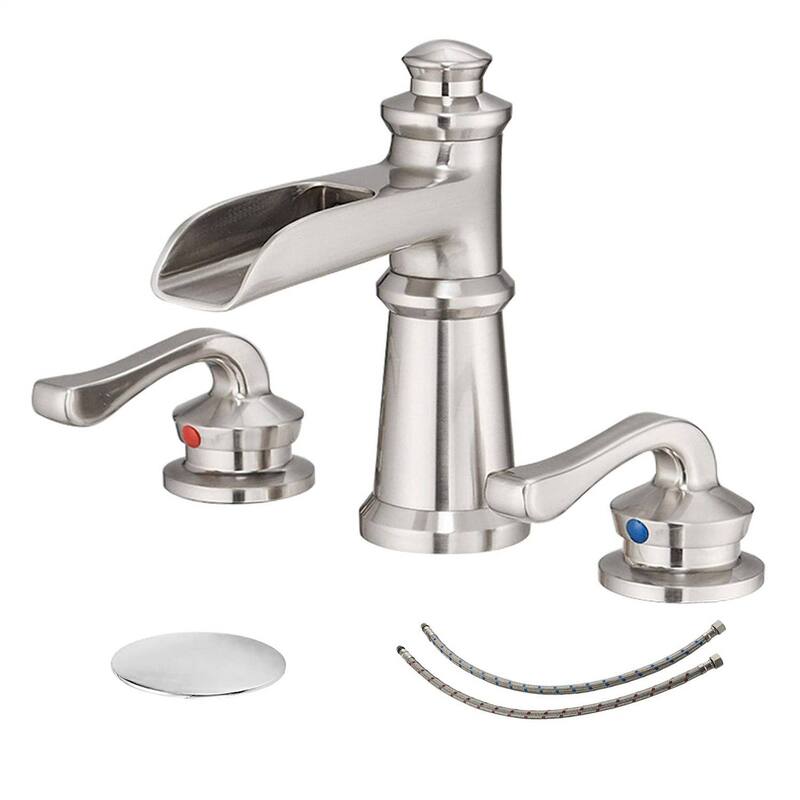 Widespread Waterfall Bathroom Faucet With Drain Assembly 3 Hole Bathroom Sink Faucets Double Handle 8 Inch Basin Vanity Taps - Brushed Nickel