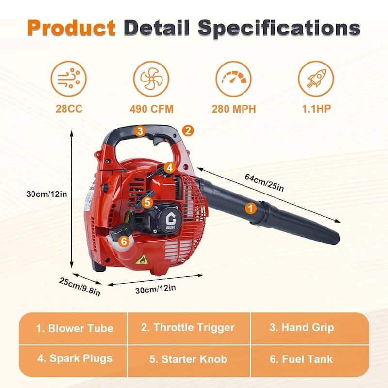 28cc 2-Stroke 1.1 HP, 490 CFM, 280 MPH Handheld Gas Powered Leaf Blower for Effortless Lawn & Leaf Cleanup - N/A