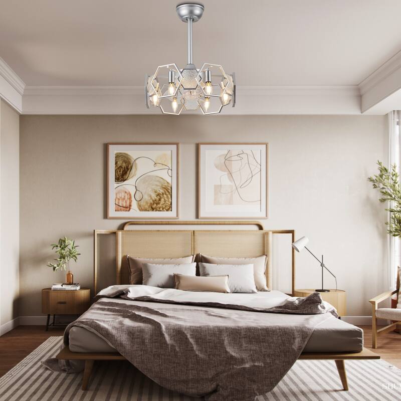 CurveCurio 20" Chandelier Ceiling Fan w Textured Glass Accent, 6 Lights Quiet DC Motor 6 Speed w Remote Control
