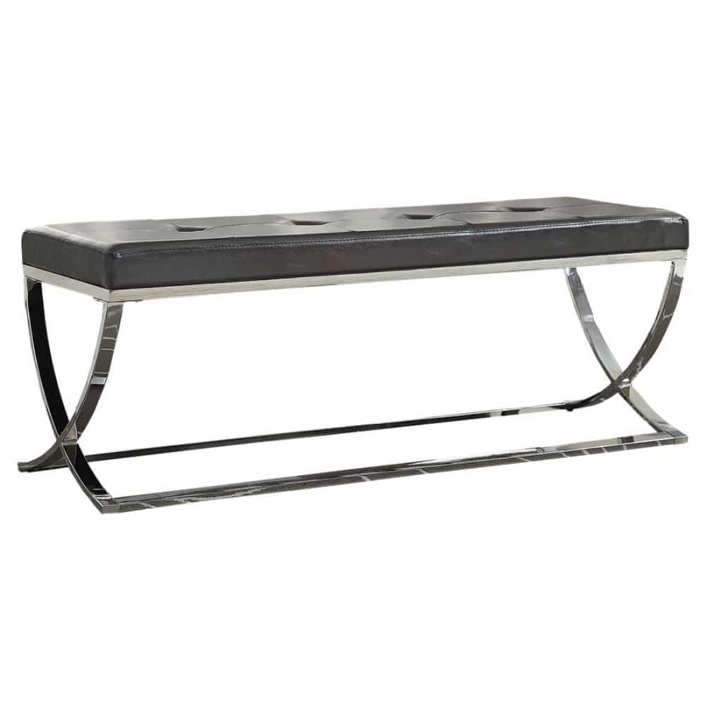 Faux Leather Bench with Metal in Base Black and Chrome