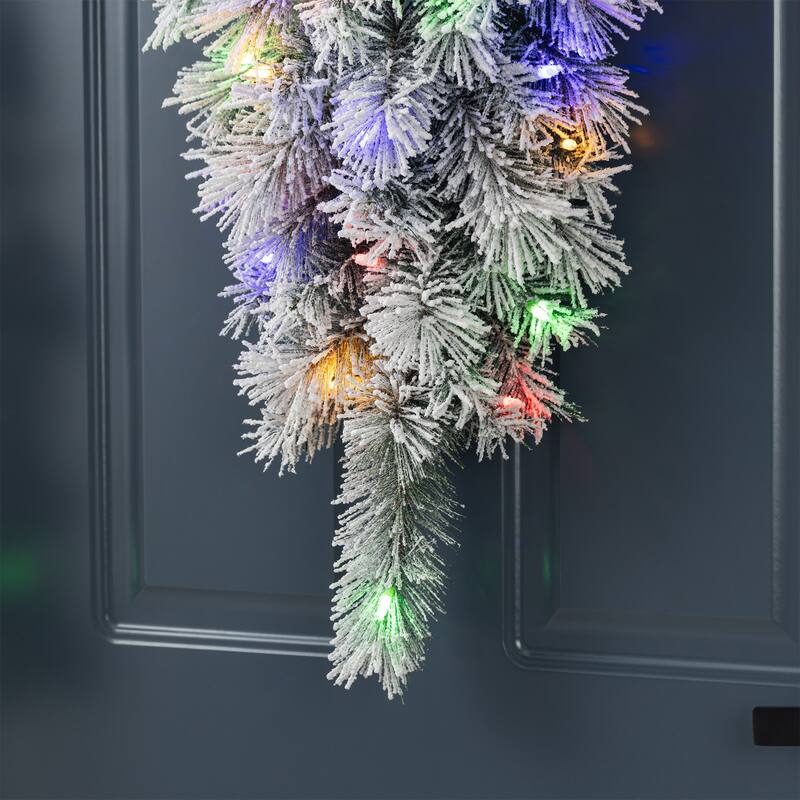 Glitzhome Pre-Lit Snow Flocked White/Greenery Pine Garland & Wreath & Teardrop