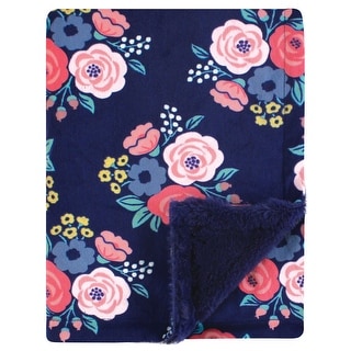 Hudson Baby Infant Girl Plush Blanket with Furry Binding and Back, Navy Bold Floral, One Size - Navy Bold Floral - One Size