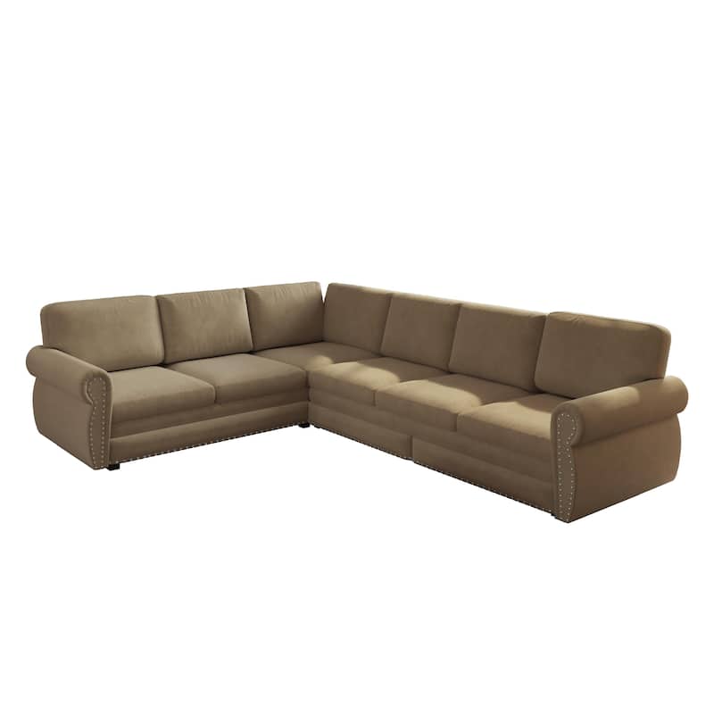 L-Shaped Sectional Sofa with Pull-Out Bed, Oversize Convertible Sleeper Sofa with Rolled Arms, Chenille Upholstery