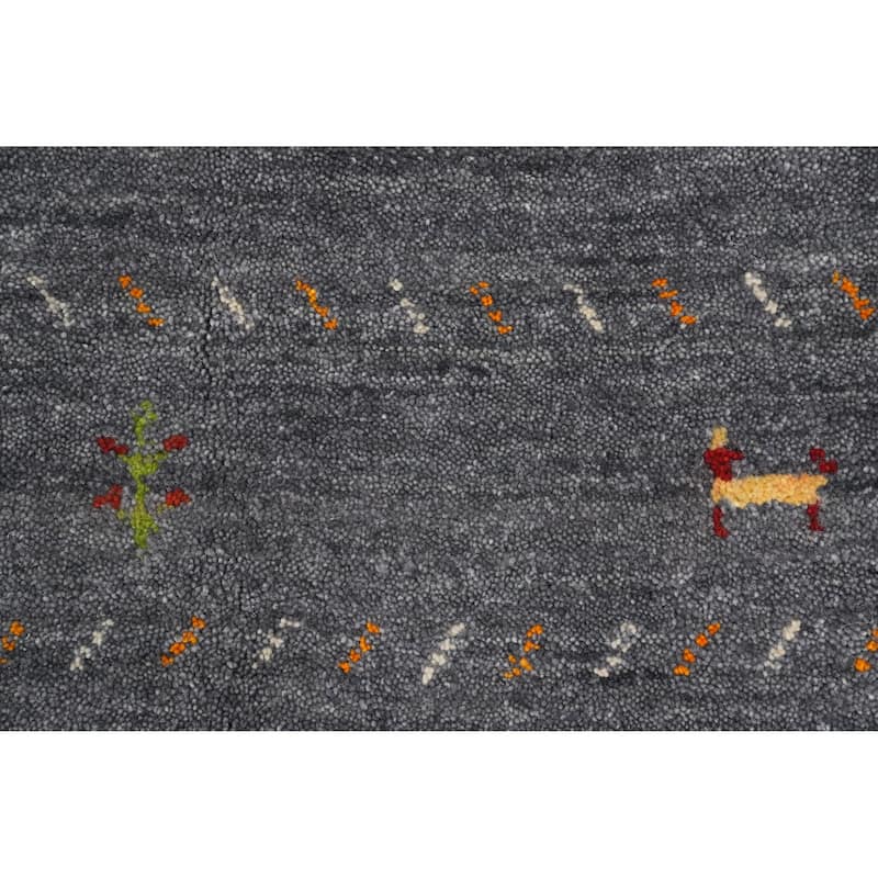 Hand Knotted Oriental 100% Wool Carpet Tribal Animal Pictorial Greys & Charcoal Gabbeh Runner Rug - 11' 9'' X 3' 11''