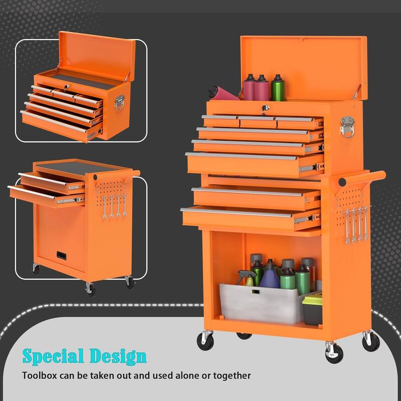 8-Drawer Rolling Tool Storage Cabinet with Detachable Top Tool Box