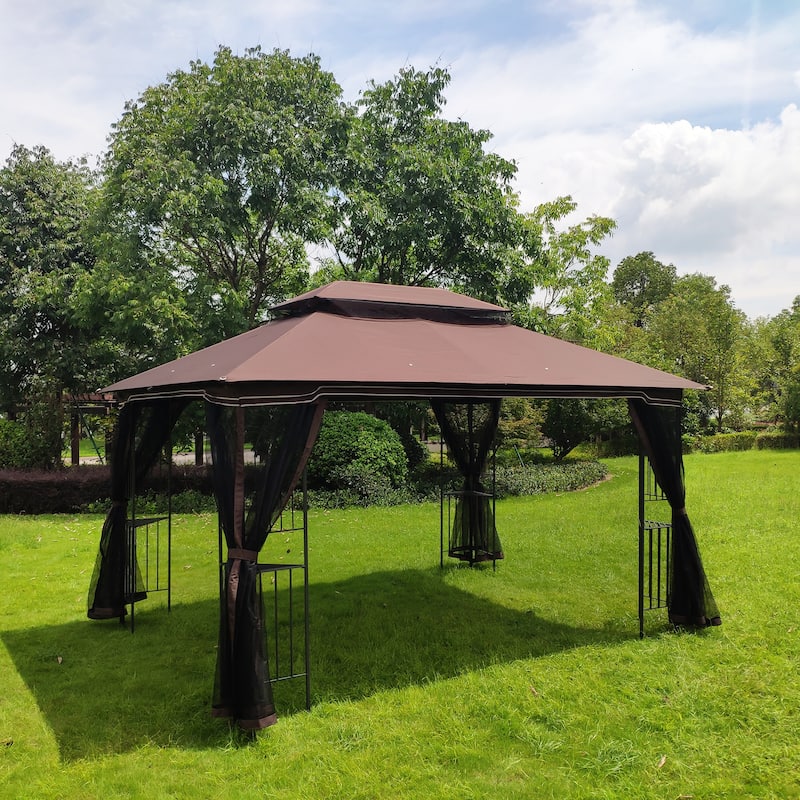 Outdoor Brown Gazebo Canopy Tent with Detachable Mesh Screen