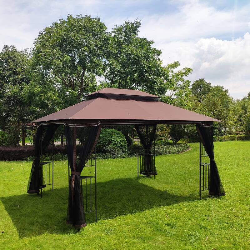 13x10 Outdoor Patio Gazebo Canopy Tent, Heavy Duty Gazebos with Ventilated Double Roof, Mosquito Netting & Privacy Screens