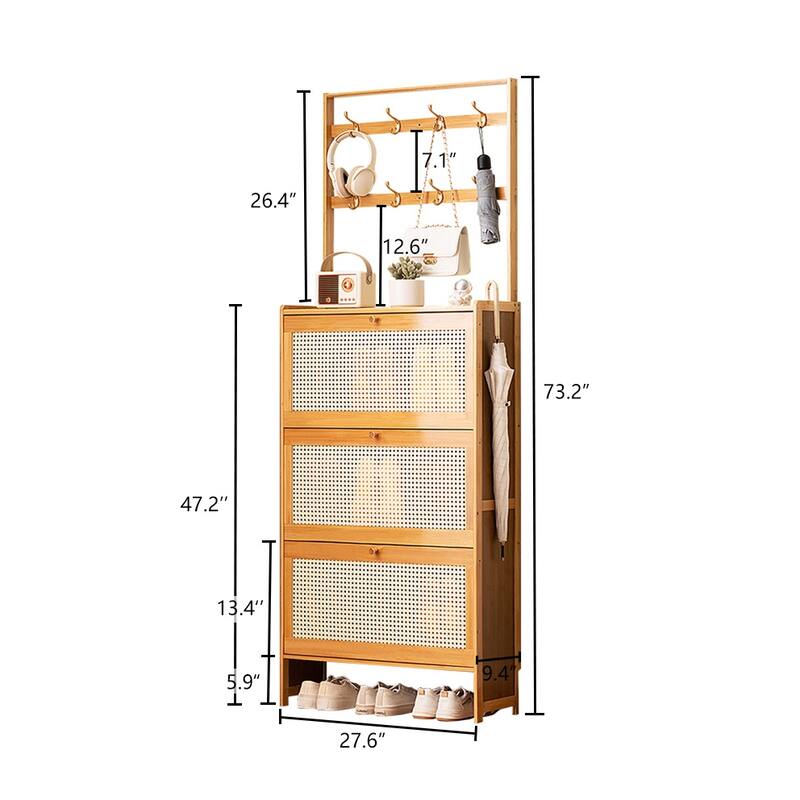 Shoe Cabinet with 3 Rattan Flip Drawers, Shoe Storage Cabinet with Coat Hooks, Freestanding Bamboo Shoe Rack Organizer - Natural