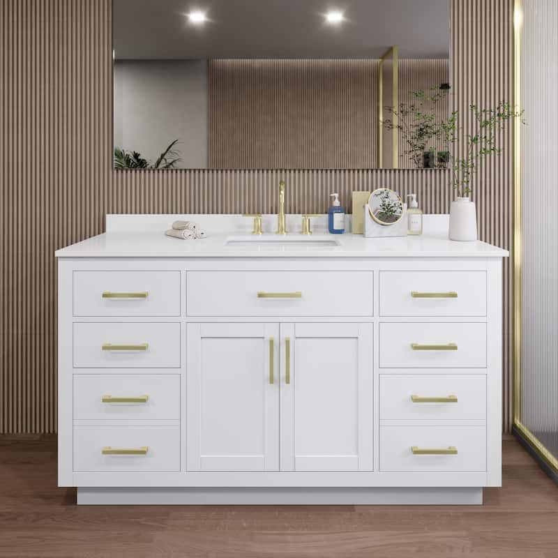 Wyndham Collection WCG262660S-QTZ-US3MXX Beckett TK 60" Free Standing - White / White Quartz Top / Brushed Gold Hardware