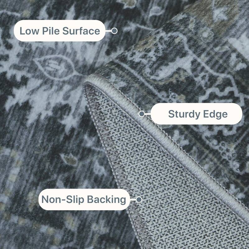 Mcow Grey Floral Low Pile Machine Washable Non-Slip Area Rug