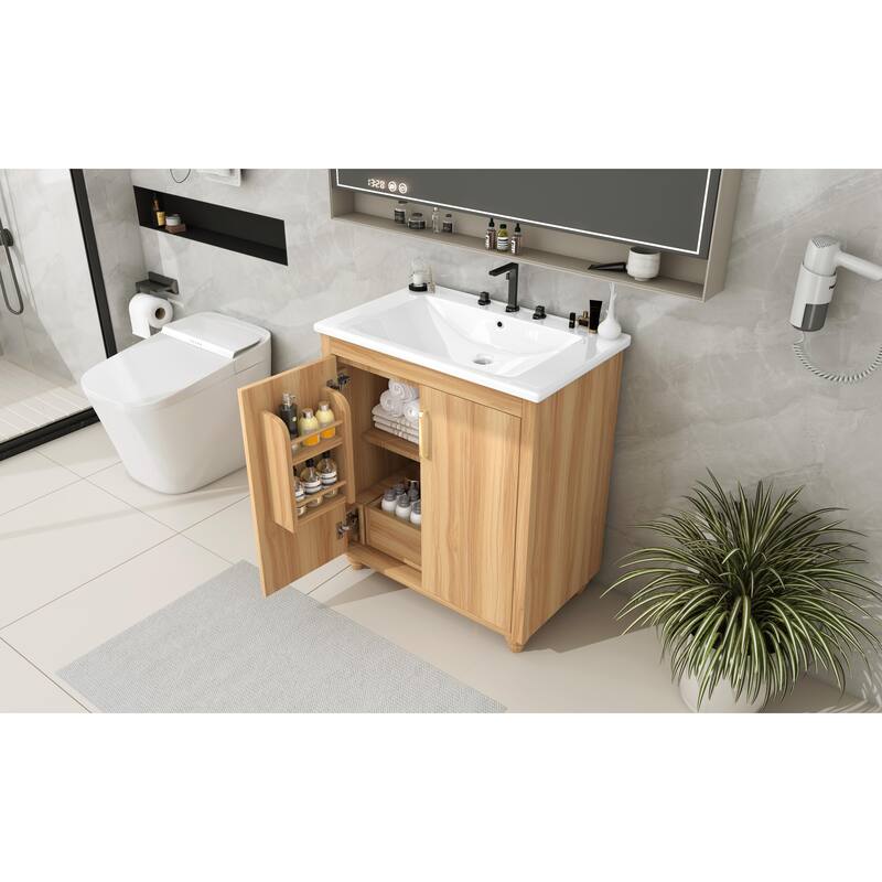 Modern 30" Bathroom Vanity, Natural Wood Finish, Ceramic Sink, Multi-Functional Cabinet with Storage Drawer
