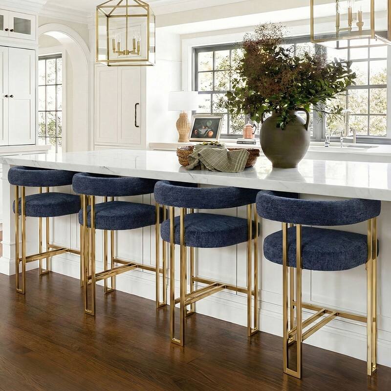 25" Seat Height Upholstered Chenille Gold Matel Counter Stool - Blue-4-piece - Set of 4