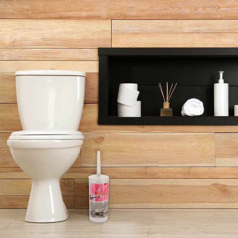 Orchid Print Plastic Toilet Brush and Holder Set - 3.8" L x 3.8" W x 13.8" H