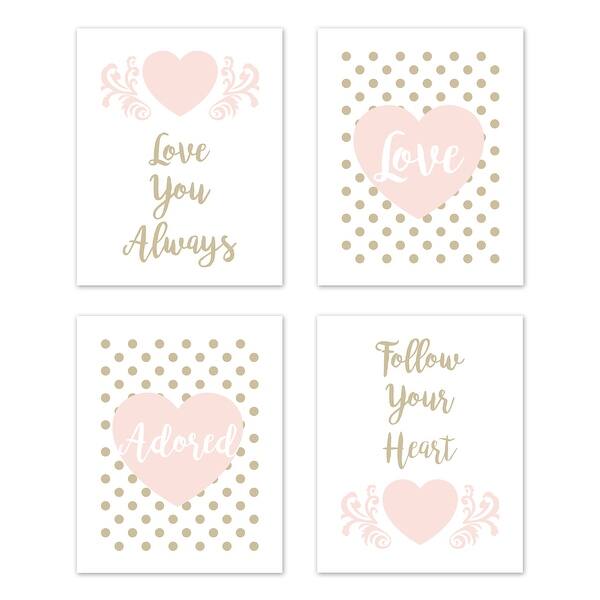 slide 2 of 6, Sweet Jojo Designs Blush Pink Gold Polka Dot Heart Amelia Collection Wall Decor Art Prints (Set of 4) - Love You Always