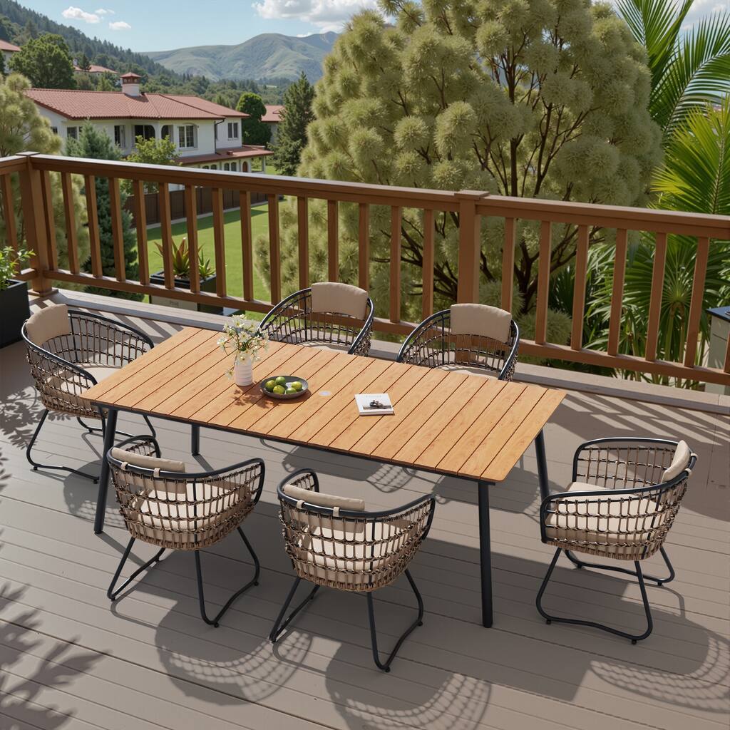 7-Piece Outdoor Patio Dining Set Wood-Like Table Top Alumium Umbrella Hole Table with PE Rattan Chairs