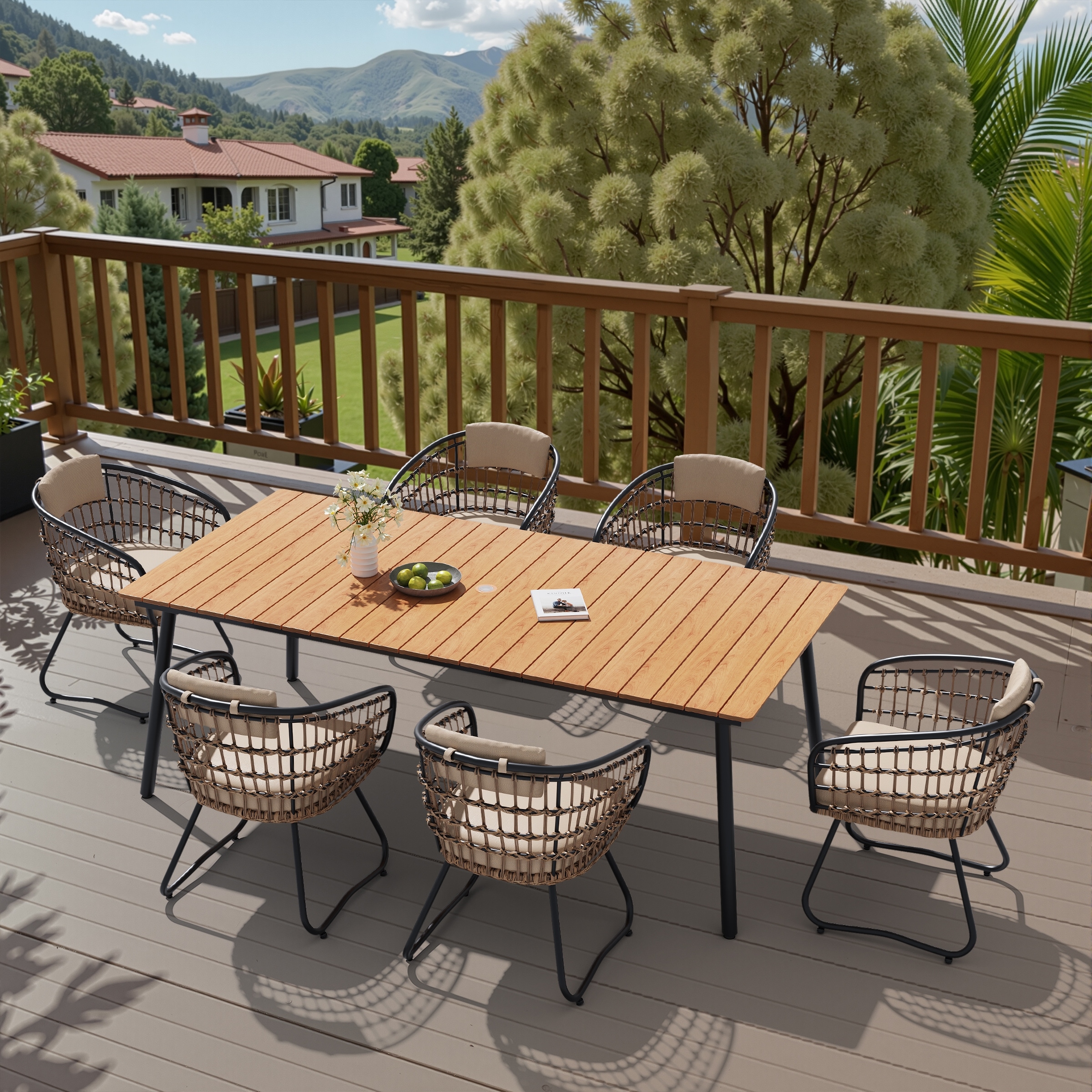 7-Piece Outdoor Patio Dining Set Wood-Like Table Top Aluminum Umbrella Hole Table with PE Rattan Chairs