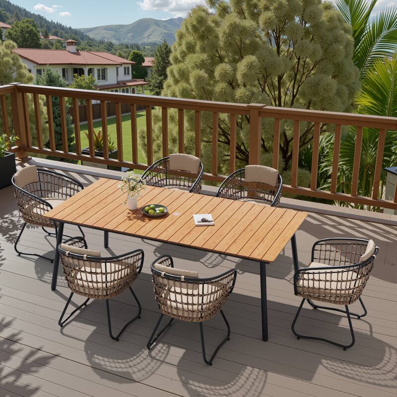 7-Piece Outdoor Patio Dining Set Wood-Like Table Top Alumium Umbrella Hole Table with PE Rattan Chairs - BrownTable&BeigeChairs