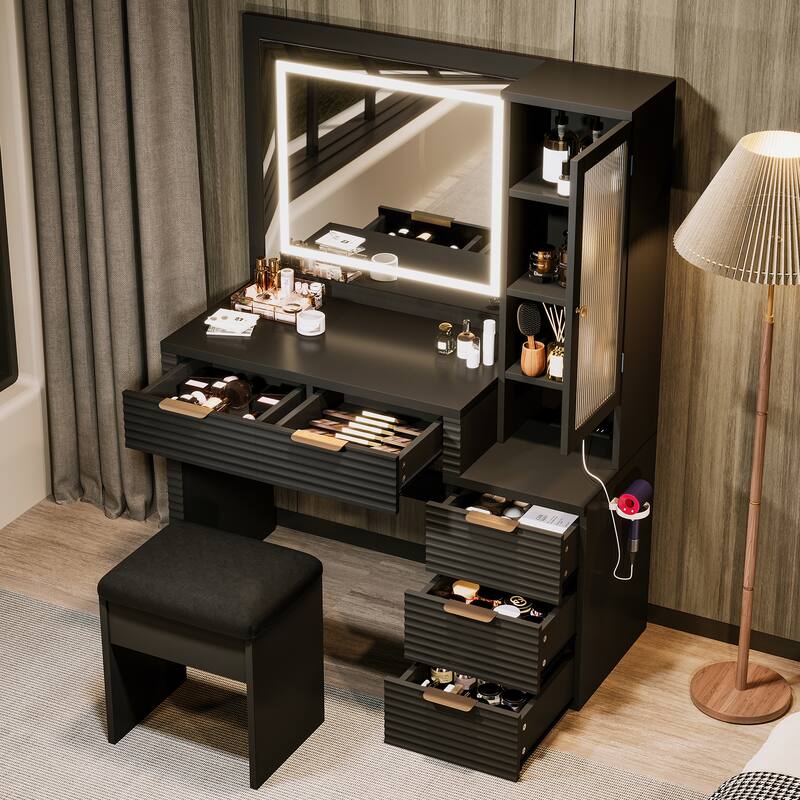 43.5" Makeup Vanity Desk with Lights, Mirror & Charging Station, 5 Drawers & Glass Cabinet with Stool