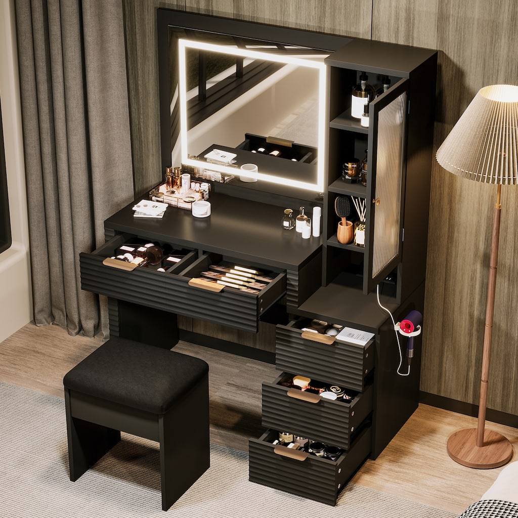 Fluted Makeup Vanity Desk with Charging Station, Bedroom Dressing Table Set with Storage Stool, Large Mirror and Lights