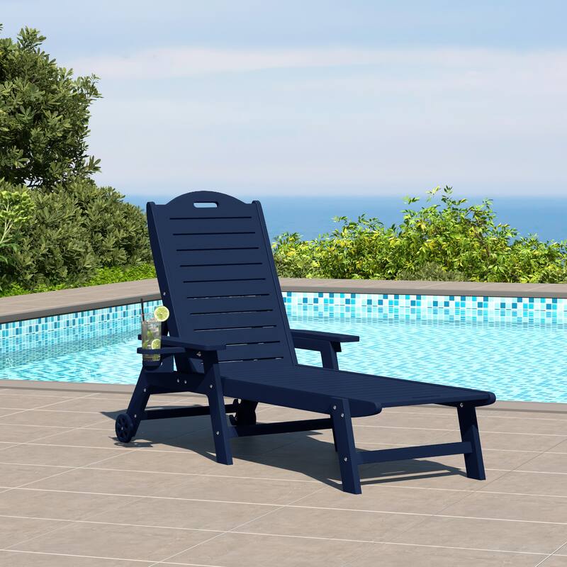 Brighton Outdoor Poly Reclining Chaise Lounge with Wheels & Cup Holder