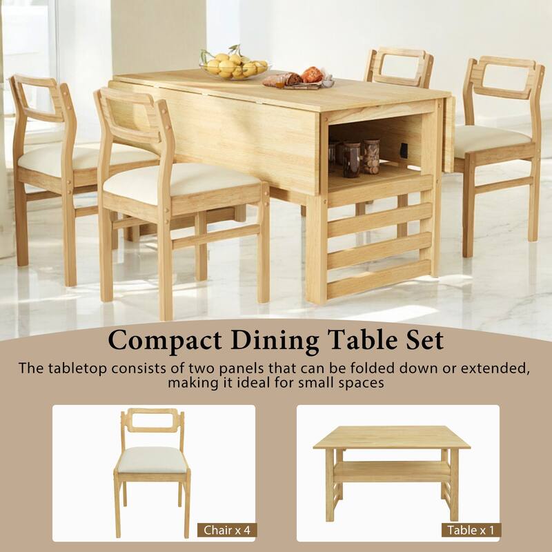 Modern 5-Piece Extendable Dining Table Set with Drop Leaves, Storage Shelf, and Upholstered Chairs for Dining Room