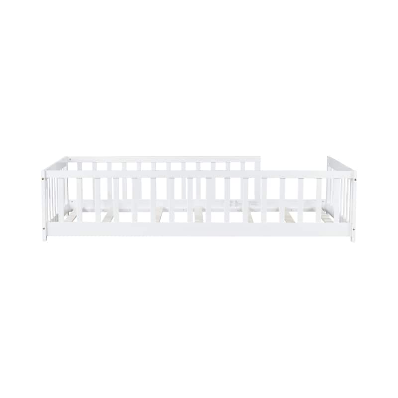 Twin Size Floor Bed with Fence without Door, Rubber Wood Floor Bed with Safety Guardrails