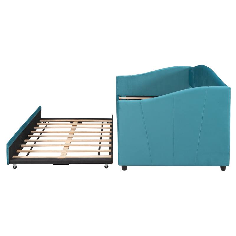 Velvet Upholstered Twin Daybed with Trundle, Solid Wood Slat Support, No Box Spring Needed, Space-Saving Design